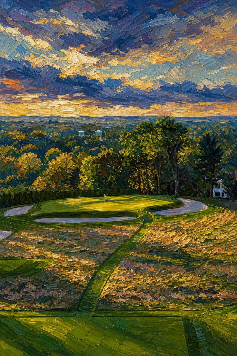 A post-impressionist painting of the 6th hole at Hackensack Golf Club under a dramatic evening sky