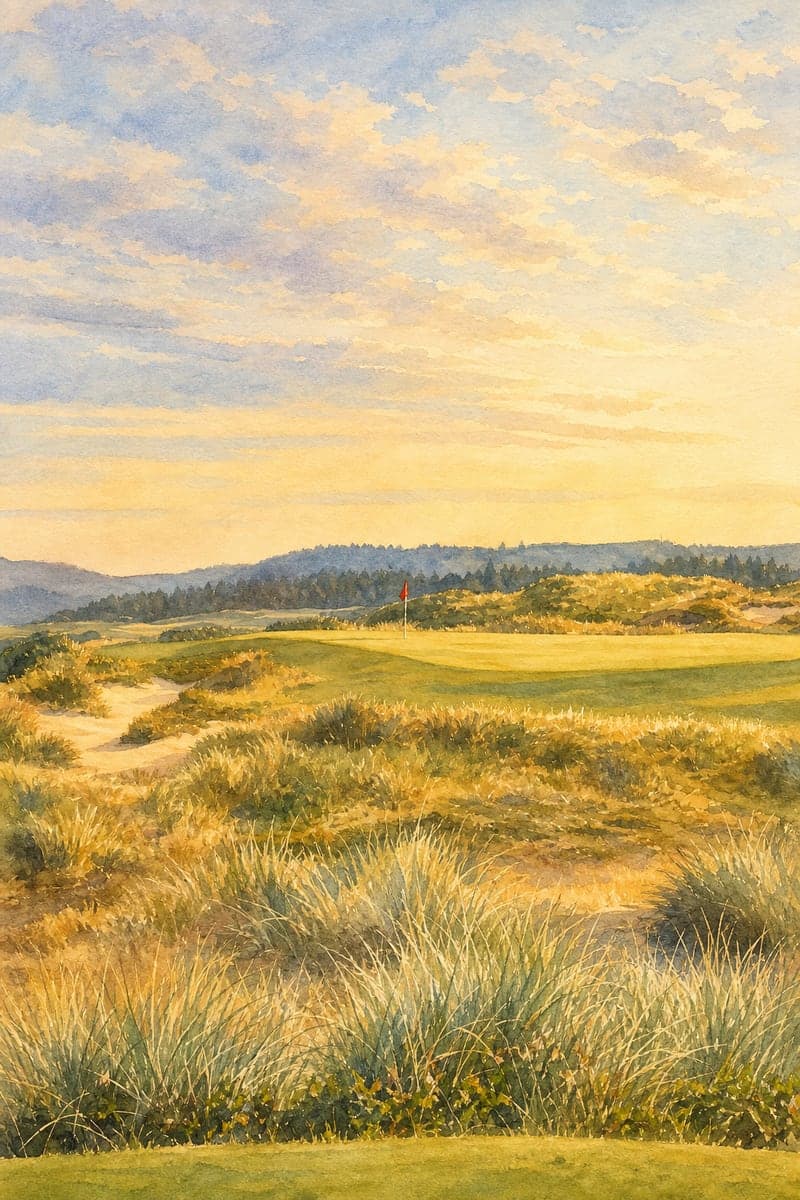 Watercolor painting of Bandon Dunes No. 2 among coastal dunes