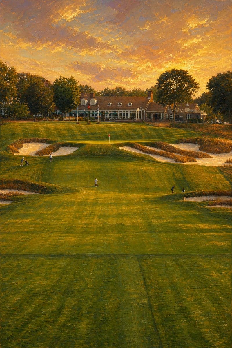 Oil painting looking down the 18th hole at Bethpage Black toward the clubhouse