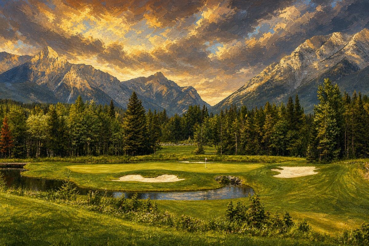 Oil painting of Kananaskis No. 4 beneath dramatic mountain peaks