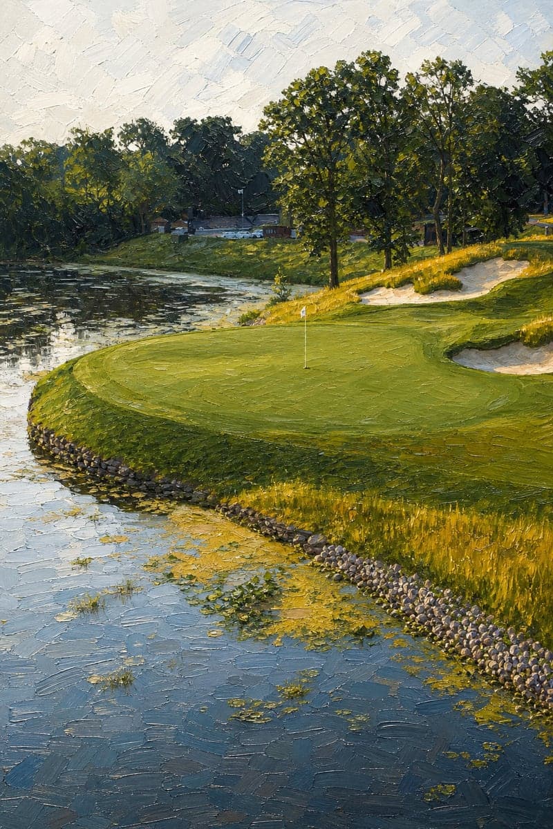 Oil painting of Medinah No. 17 curving around the water
