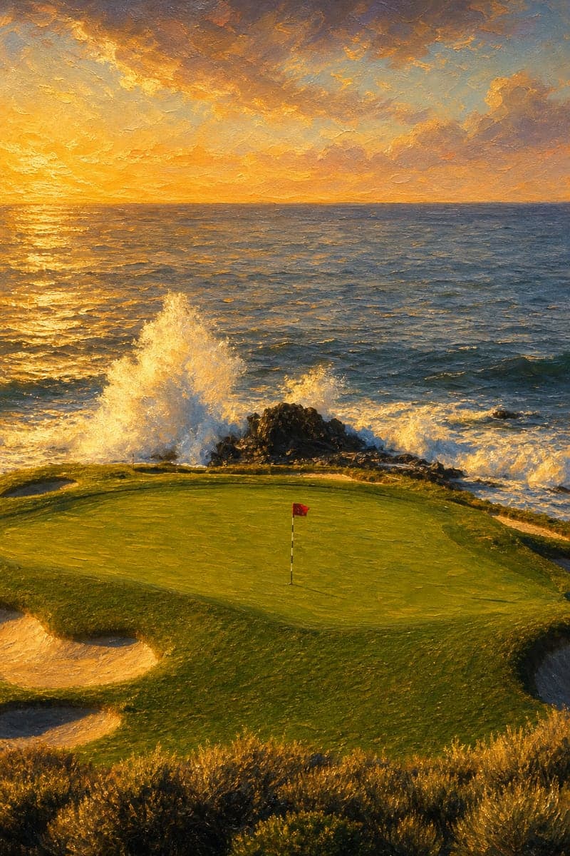 Oil painting of Pebble Beach No. 7 at golden hour with waves breaking behind the green