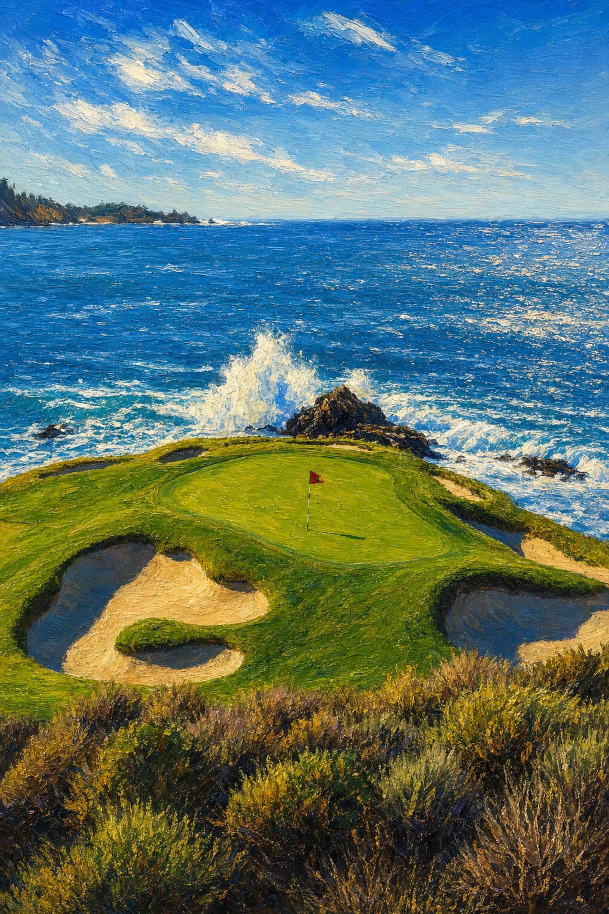An oil painting of the 7th hole at Pebble Beach on a bright, clear day
