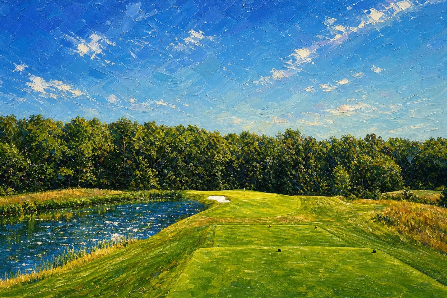 The selected oil-style digital painting of the same golf hole