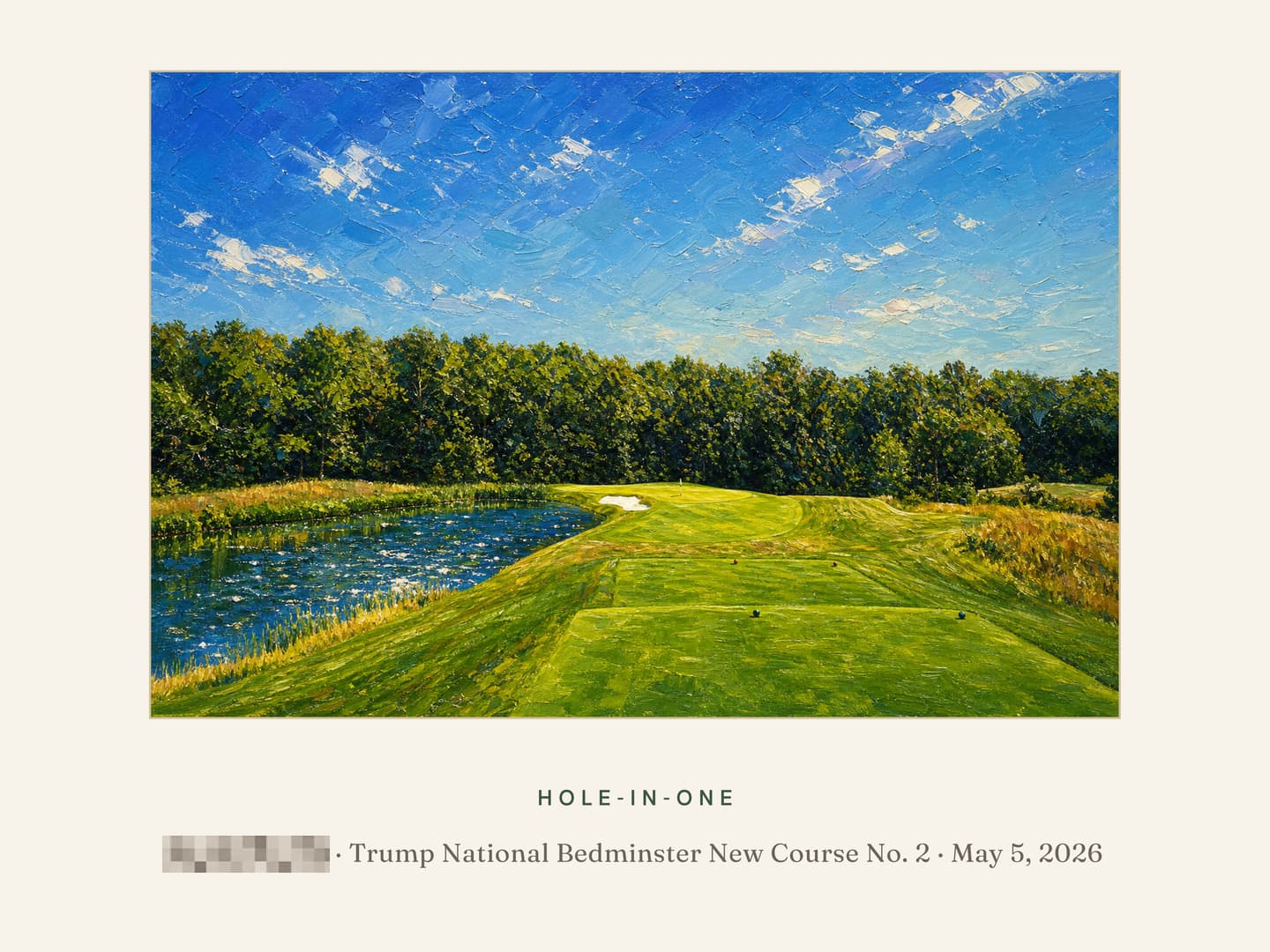 Commemorative hole-in-one print with the golfer’s name pixelated and the date visible