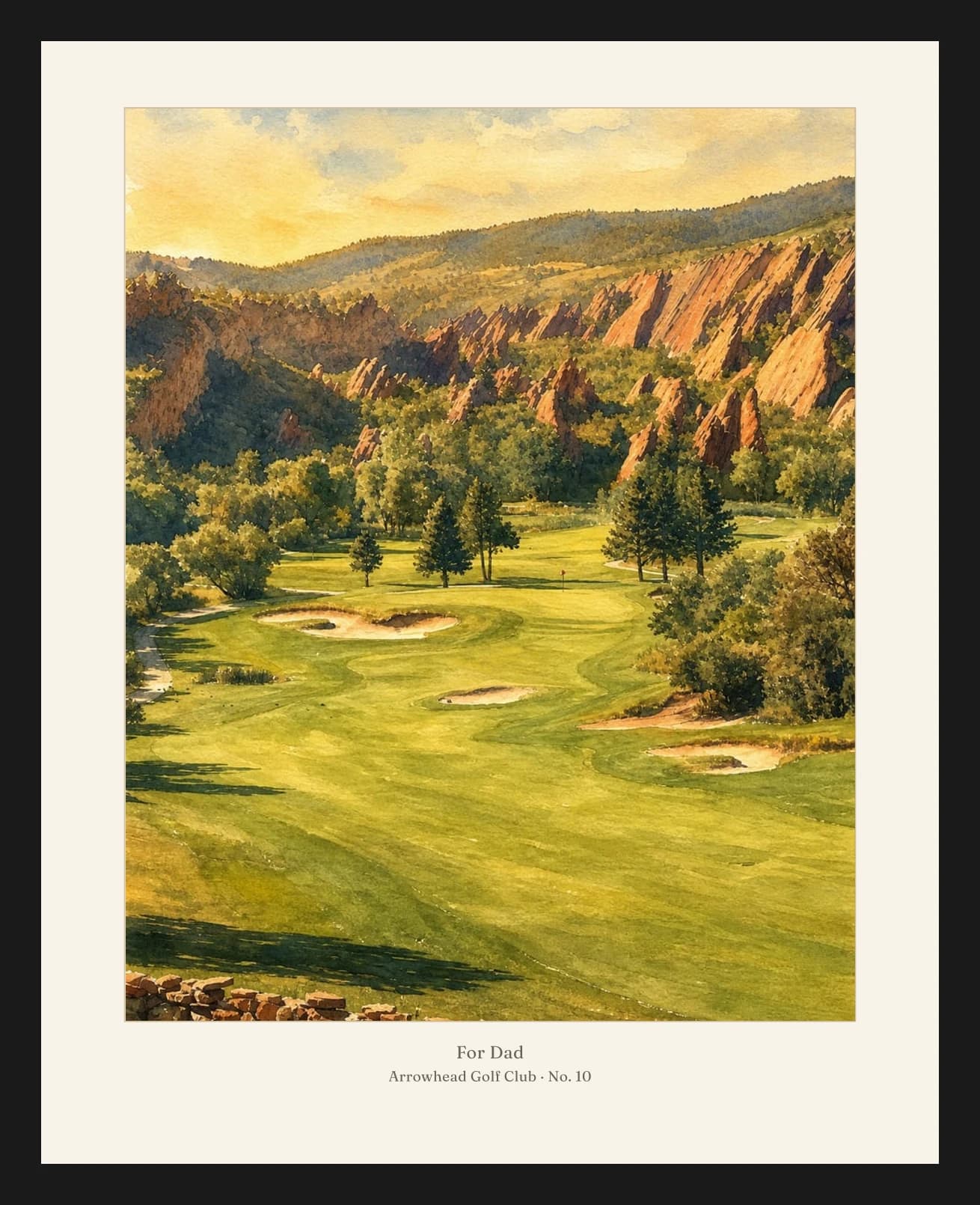 Watercolor portrait of Arrowhead No. 10, with red rock formations beyond the green