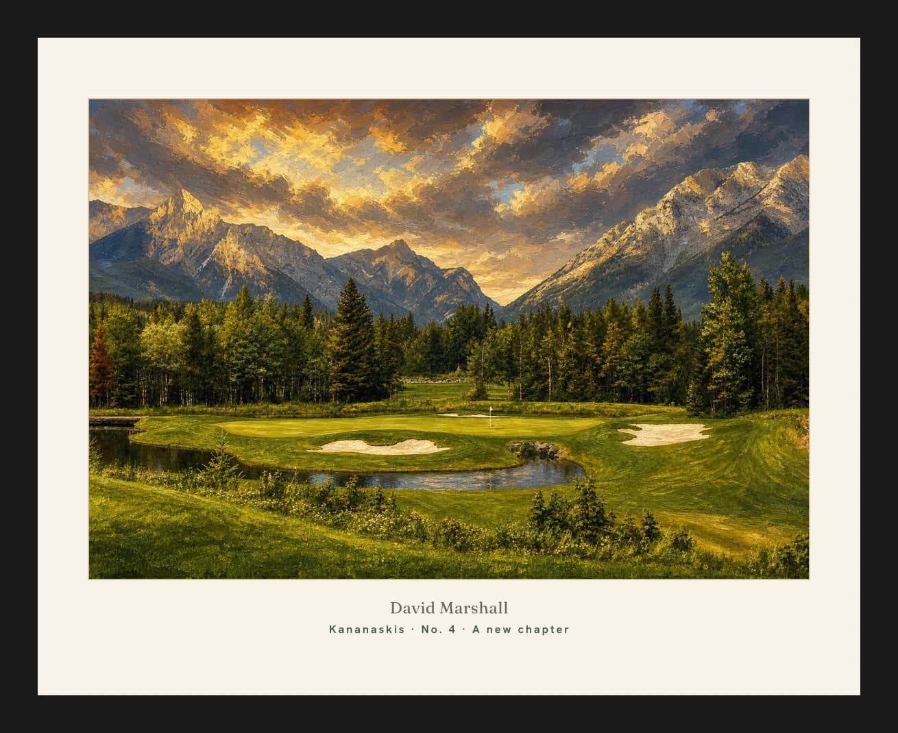 Oil-style portrait of Kananaskis No. 4 with mountains rising behind the course
