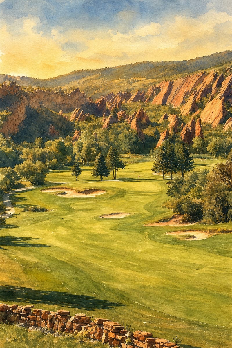 A watercolor painting of the 10th hole at Arrowhead among red rock formations at golden hour