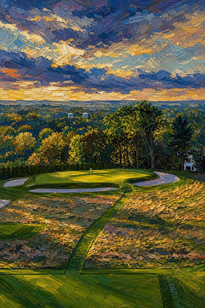 A post-impressionist painting of the 6th hole at Hackensack Golf Club under a dramatic evening sky