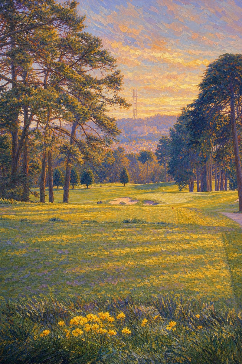 An impressionist painting of the 15th hole at the Presidio in golden light